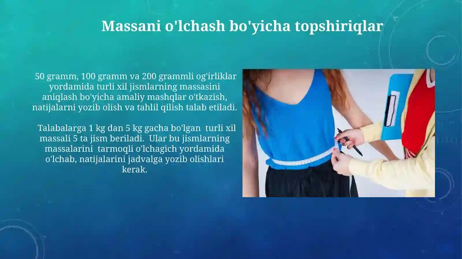 Jismning massasi tushunchasi. Massaning xossalari. Jismning massasini o'lchash, o'rgatish 4