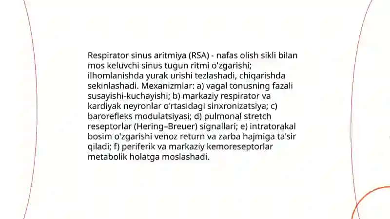 Nafas olish tizimi faolyati va yurak urishi chastatasi ortasidagi funksianal bog'liqlikni fiziolagik mehanizimlari qanday ochib beradi 4