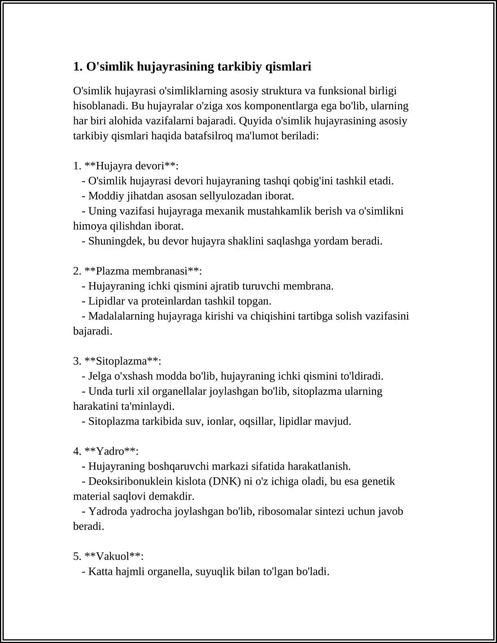 O'Simlik hujayrasining o'ziga xos xususiyatlari va fizialogiyasi 4