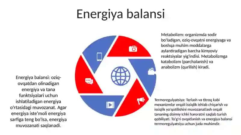 Metabolizm va Energiyani o’rganish. Termoregulyatsiya. To’g’ri ovqatlanish asoslari 4