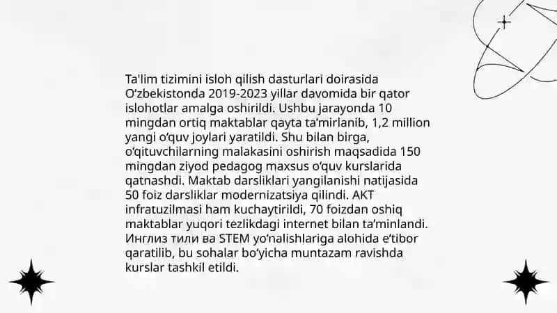 O'zbekiston Respublikasida ta'lim sohasida amalga oshirilgan islohotlar. 4