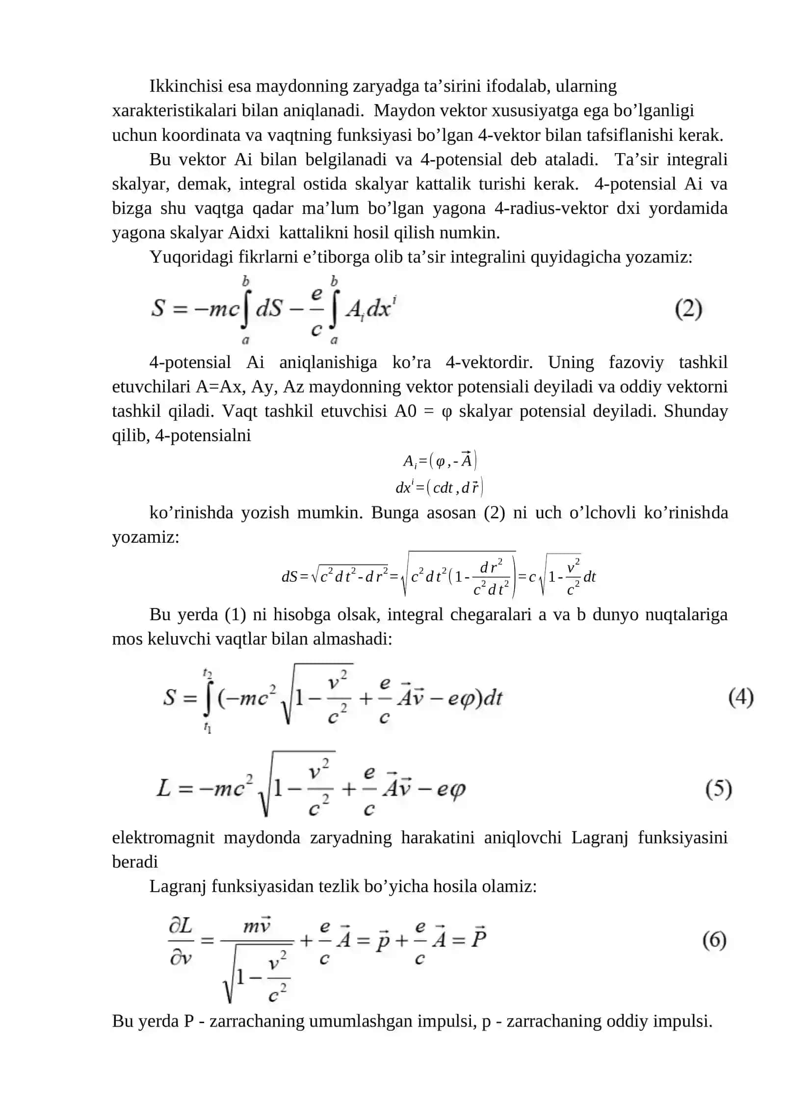 Elektromagnit maydondagi zaryad. Maydon kattaliklari uchun Lorentz almashtirishlari. 4