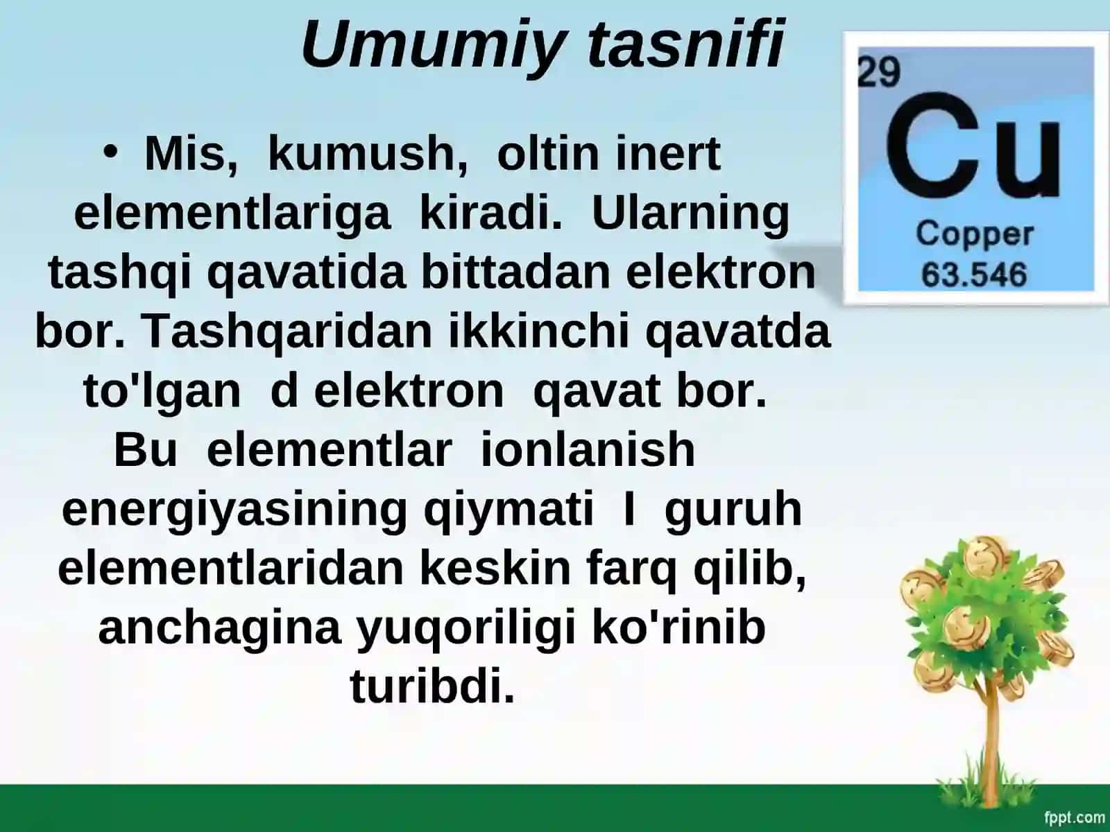 1-guruh yonaki guruhcha metallarining davriy jadvaldagi o`rni. Atom tuzilishi, xossalari. Mis. 4