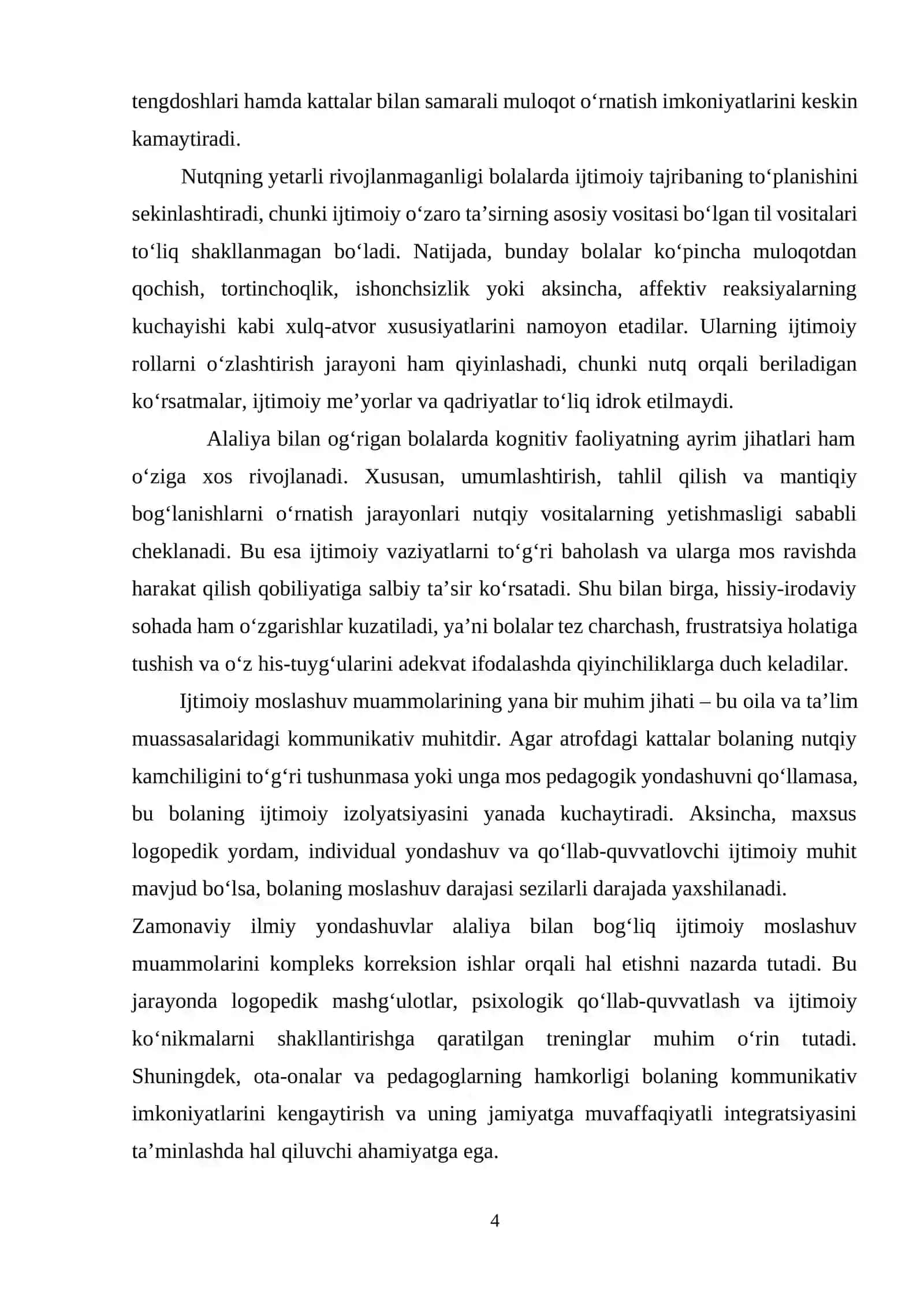 . Og‘ir nutq kamchiligiga ega bolalarning ijtimoiy moslashuvida zamonaviy yondashuvlar……………………………………………….……… 4