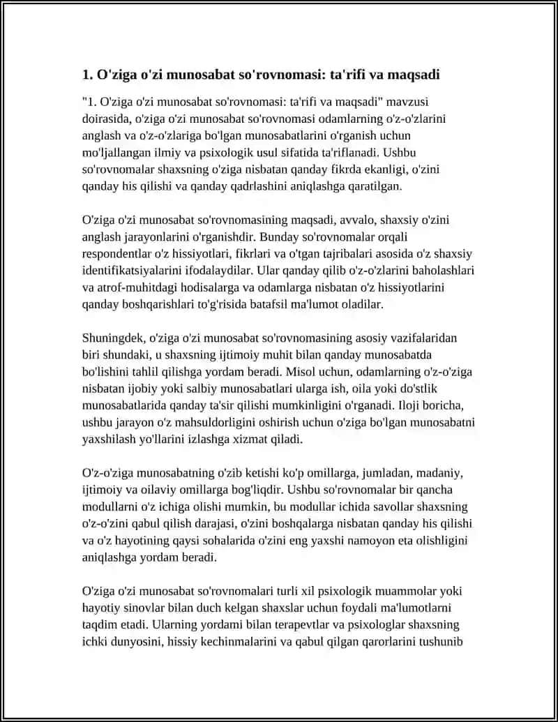 O'ZIGA O'ZI MUNOSABAT SO'ROVNOMASI 4