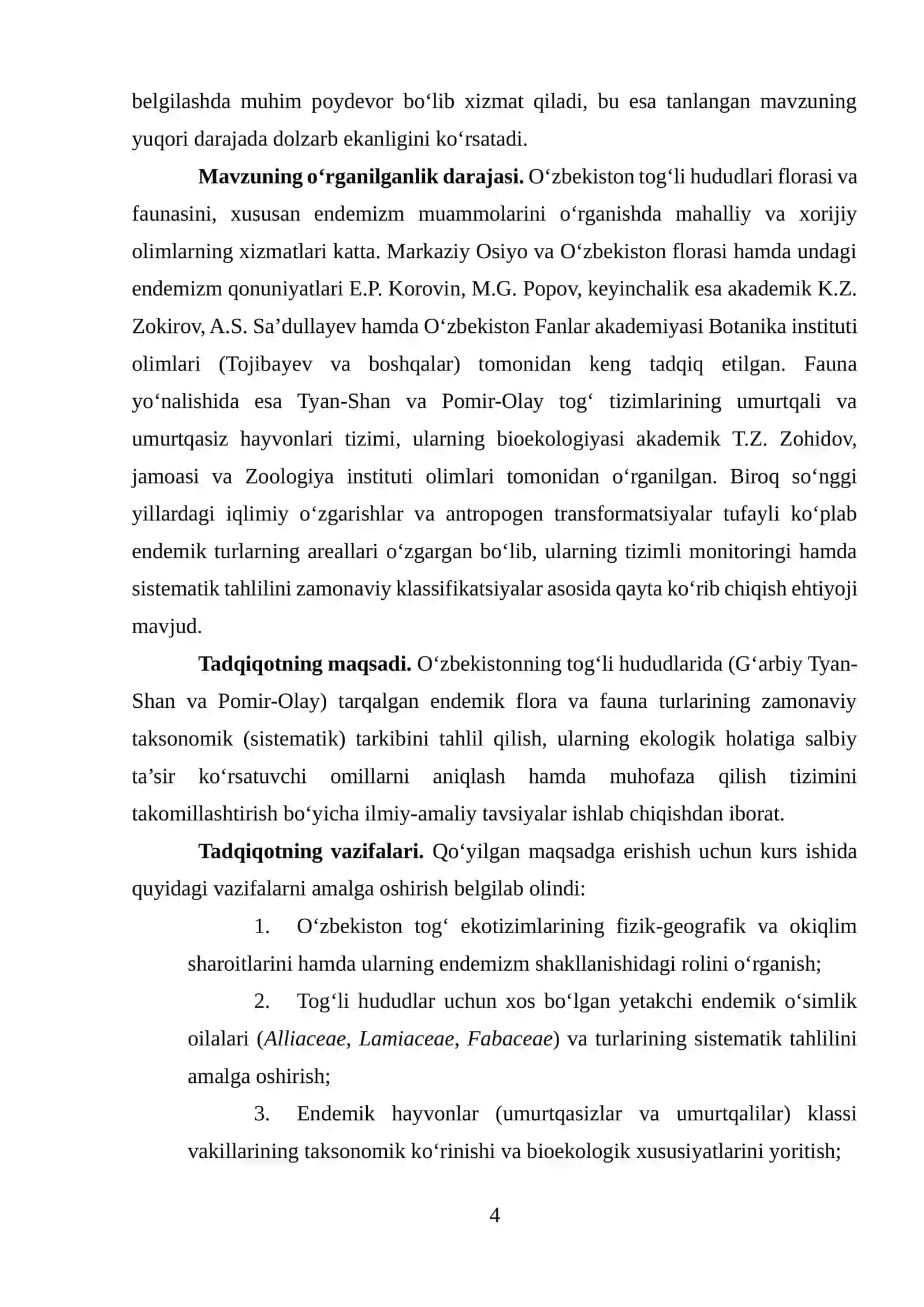 O'zbekistonning tog'li hududlarida uchraydigan endemik turlar sistematikasi va muhofazasi 4