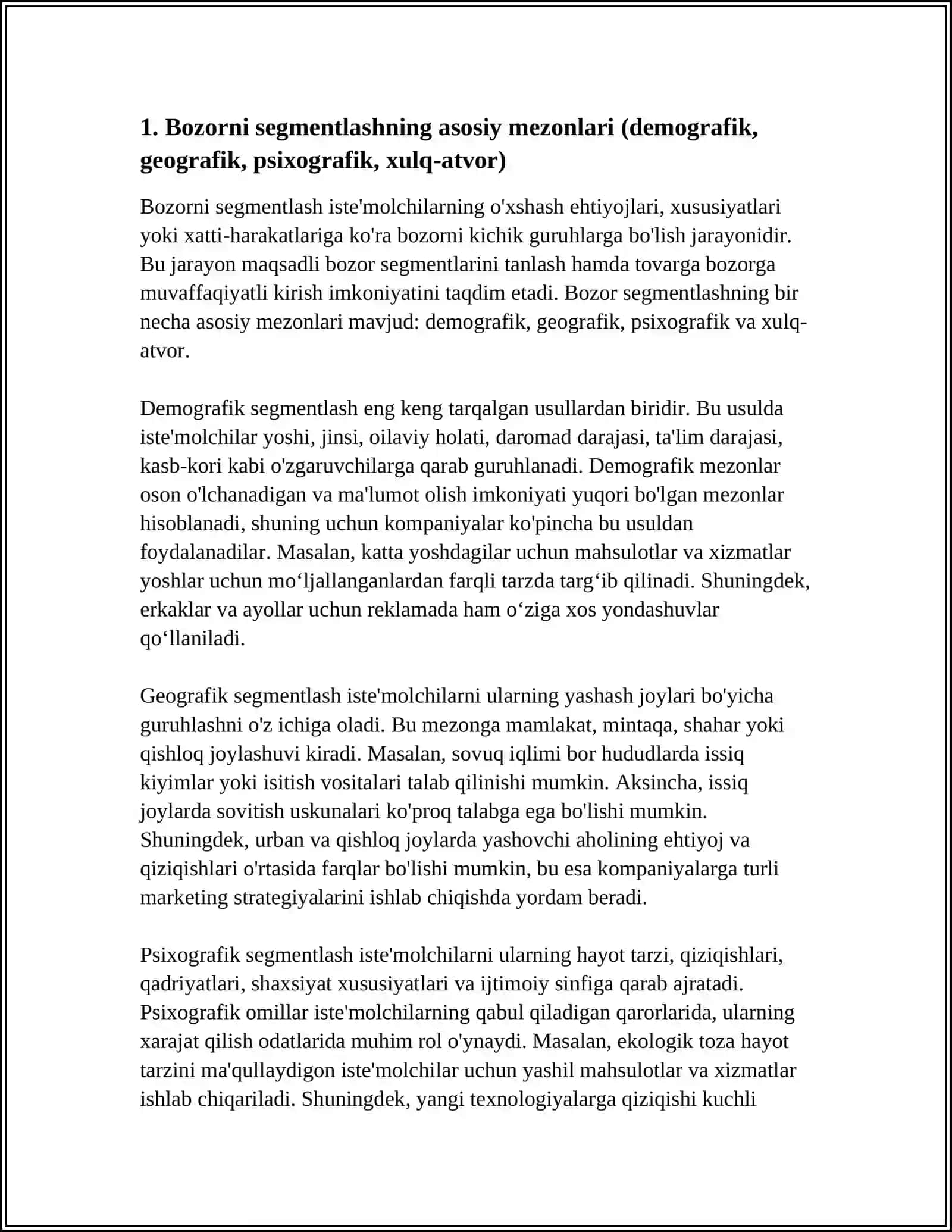 MAQSADLI BOZOR SEGMENTLARINI TANLASH VA TOVARNI BOZORDAGI MAVQEYI 4