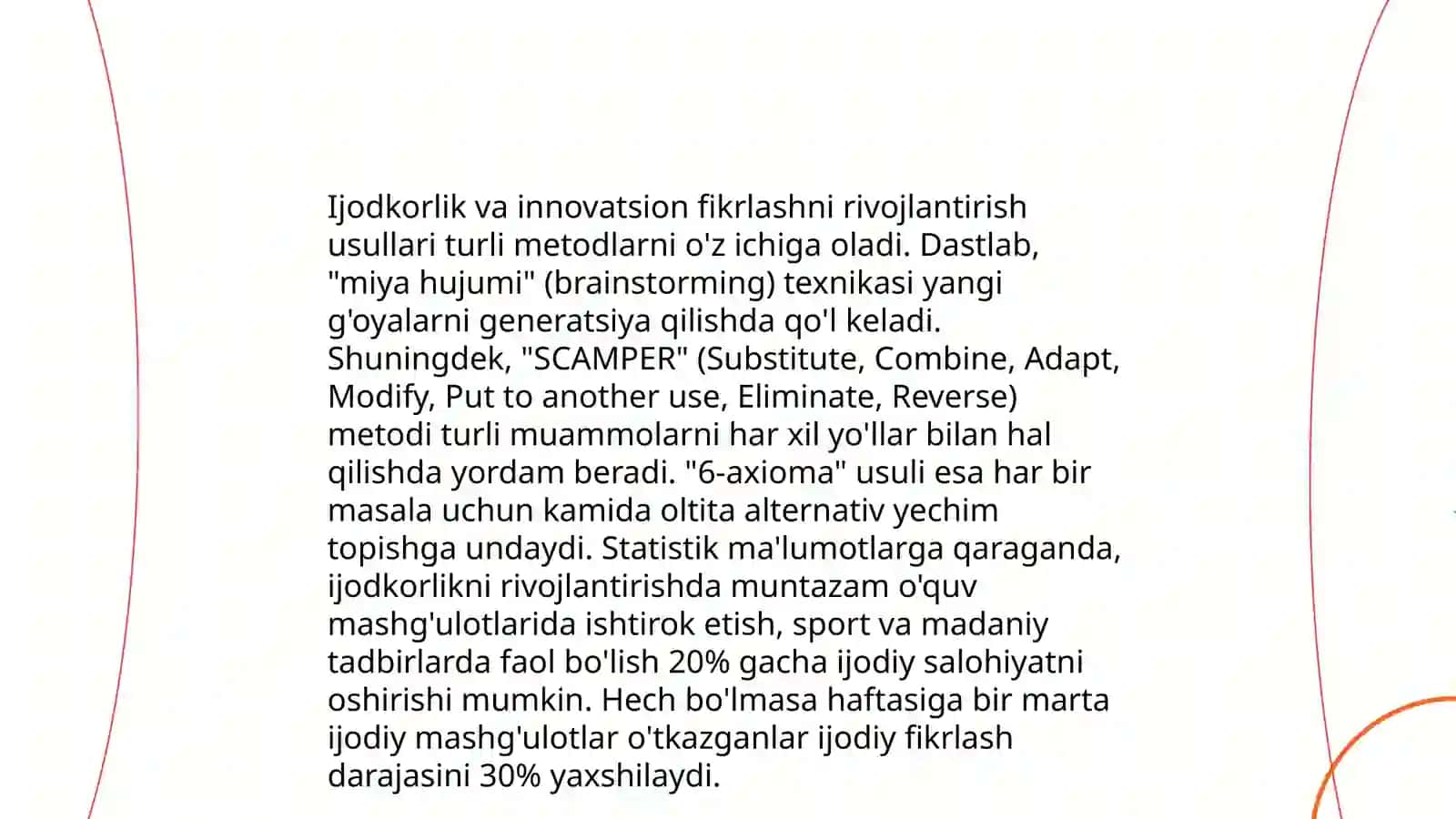 Ijodiy va tadqiqotchilik faoliyatini shakillantirishga doir topshiriqlar va mashg'ulot ishlanmalari layihalashtirish 4