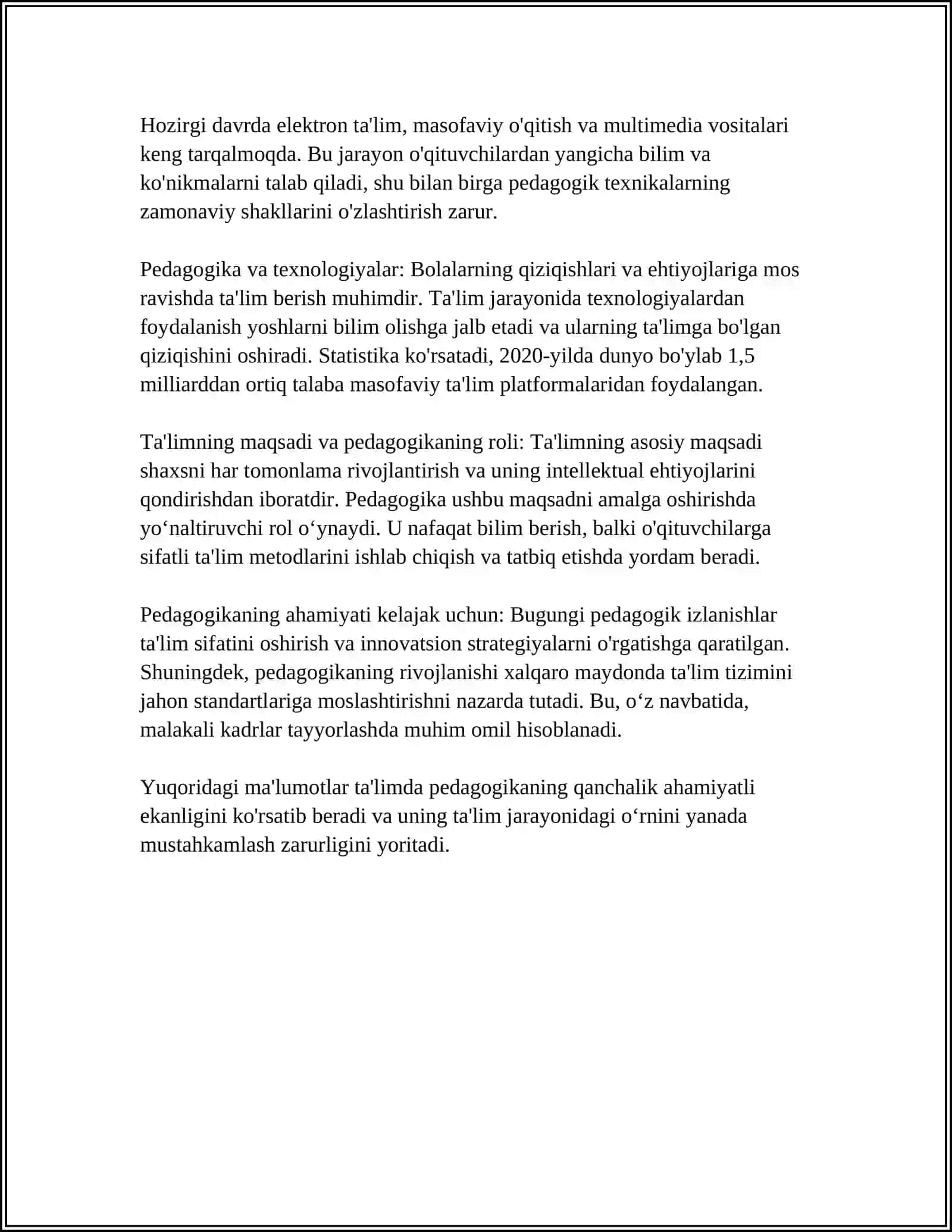 FARG'ONA DAVLAT UNIVERSITETI PEDAGOGIKA VA PSIXALOGIYA KAFEDRASI REFERAT 4
