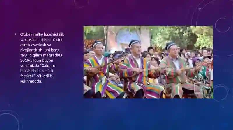 YUNESKO shafeligida oʼtkaziladigan "Baxshichilik sanʼati festivali" mavzusi uchun taqdimot 4