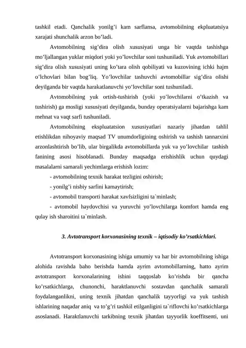 Transport vositalarida yuk va yo’lovchi tashish to’g’risida asosiy tushunchalar va  avtotransport korxonasining  texnik – iqtisodiy ko’rsatkichlari. 4