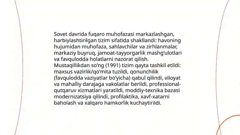 Favqulodda vaziyatlarning turli davrlarida Fuqaro muhofazasi faoliyatining xususiyatlari.Fuqaro muhofazasining asosiy tashkiliy tamoyillari.Davolash-profilaktika muassasalarida sodir boʻlishi mumkin boʻlgan texnogen va ijtimoiy Favqulodda vaziyatlarni tahlil qilish 4