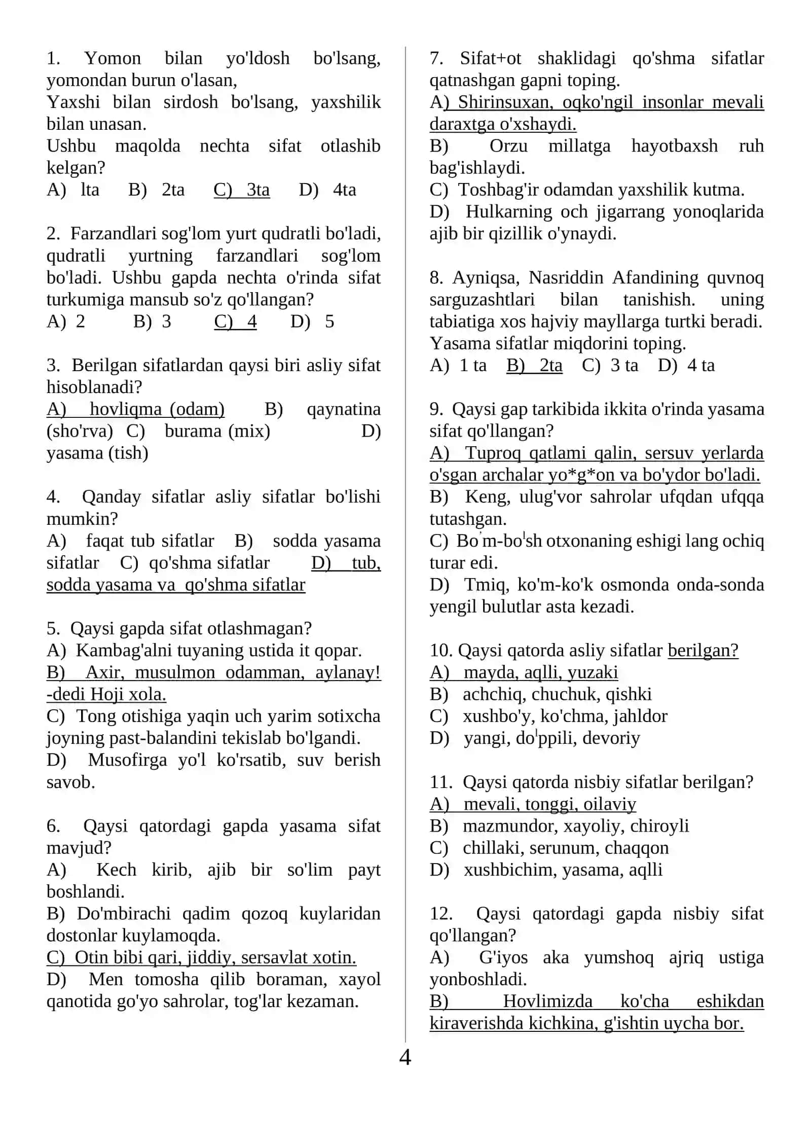 Ot, sifat, son testlar. 4
