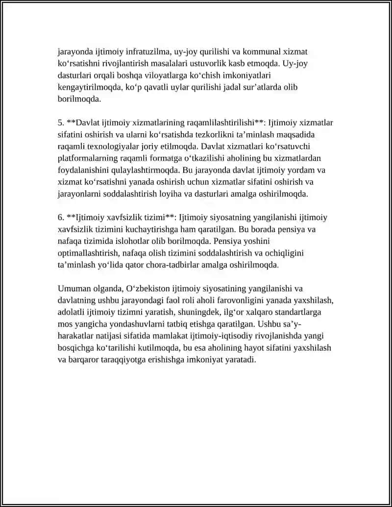 O‘ZBEKISTONDA IJTIMOIY SOHADA AMALGA OSHIRILAYOTGAN O‘ZGARISHLAR MAZMUN VA MOHIYATI 4