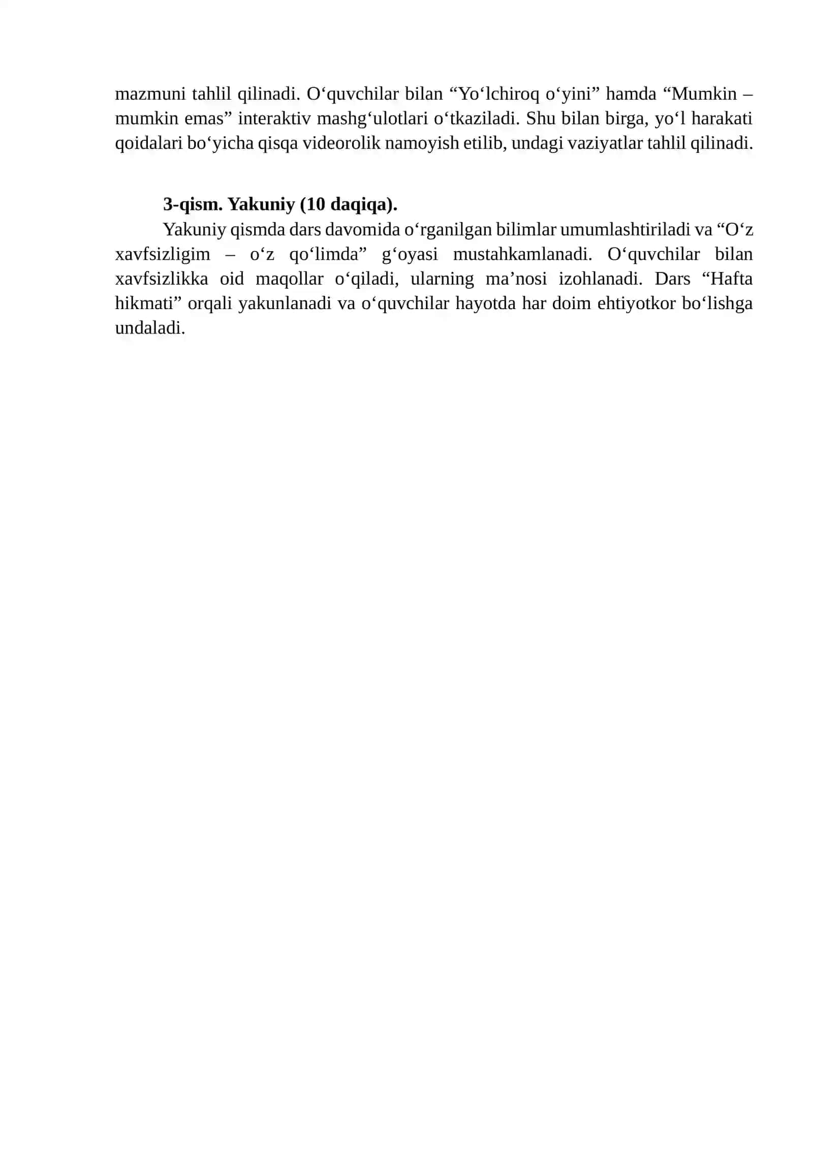 UMUMTAʼLIM MAKTABLARI 1-4 SINFLARI UCHUN   DARSLARINING 10-MAVZUSI SSENARIYSI    Mavzu: “Bizning xavfsizlik qoidalarimiz” 4