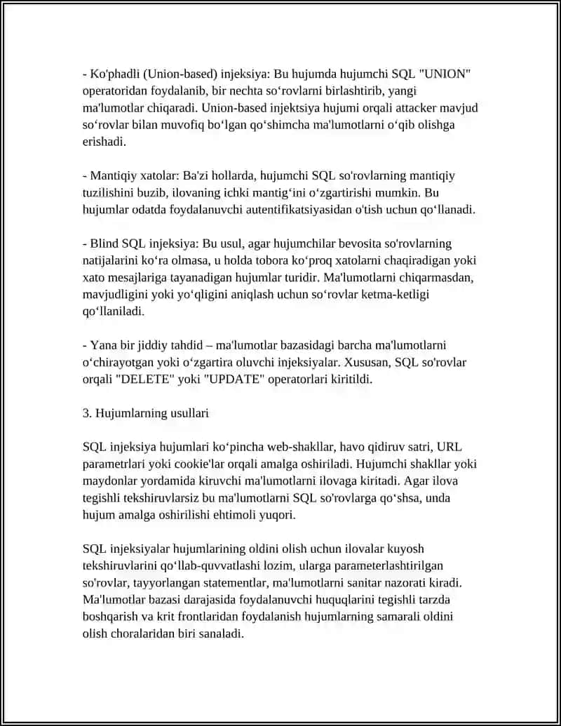 SQL INJECTION HUJUMI: TAHLIL, ANIQLASH VA BARTARAF ETISH 4
