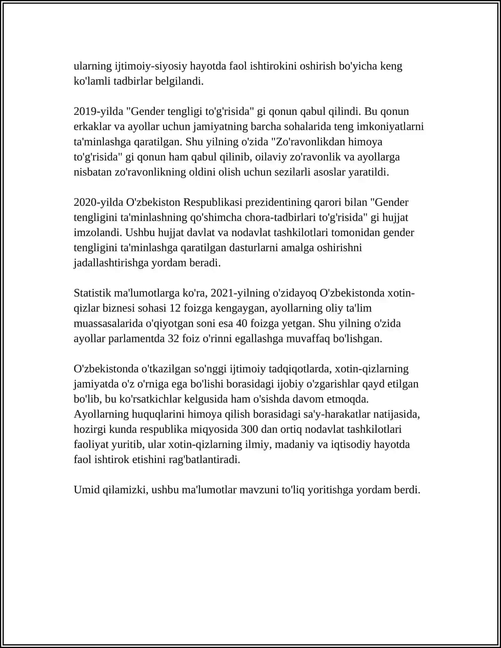 MUSTAQILLIK YILLARIDA O'ZBEKISTONDA XOTIN-QIZLARGA MUNOSABAT 4