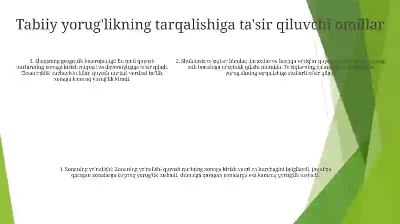 Xonalarning Insolyatsiyasi Haqida Tushuncha, Uning Ahamiyati Xonalarning Tabiiy Yorug'Ligini Belgilovchi Omillar 4