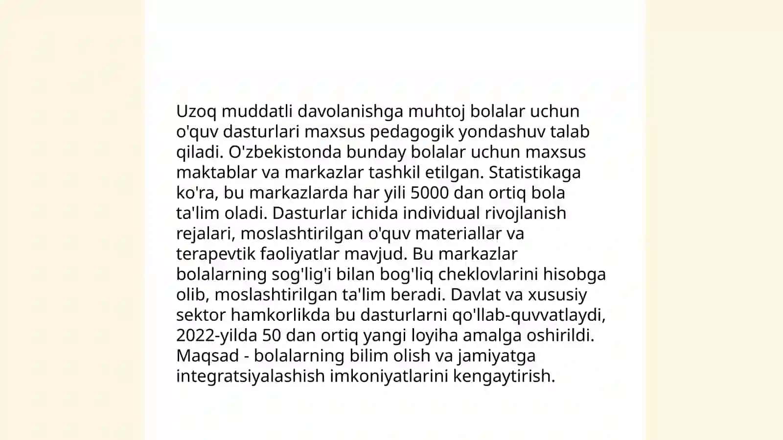 Oʻzbekistonda Davolash-profilaktika muassasalarida statsionar sharoitda uzoq muddatli davolanishga muhtoj bolalarga umumiy oʻrta taʼlim berishni tashkil etish 4