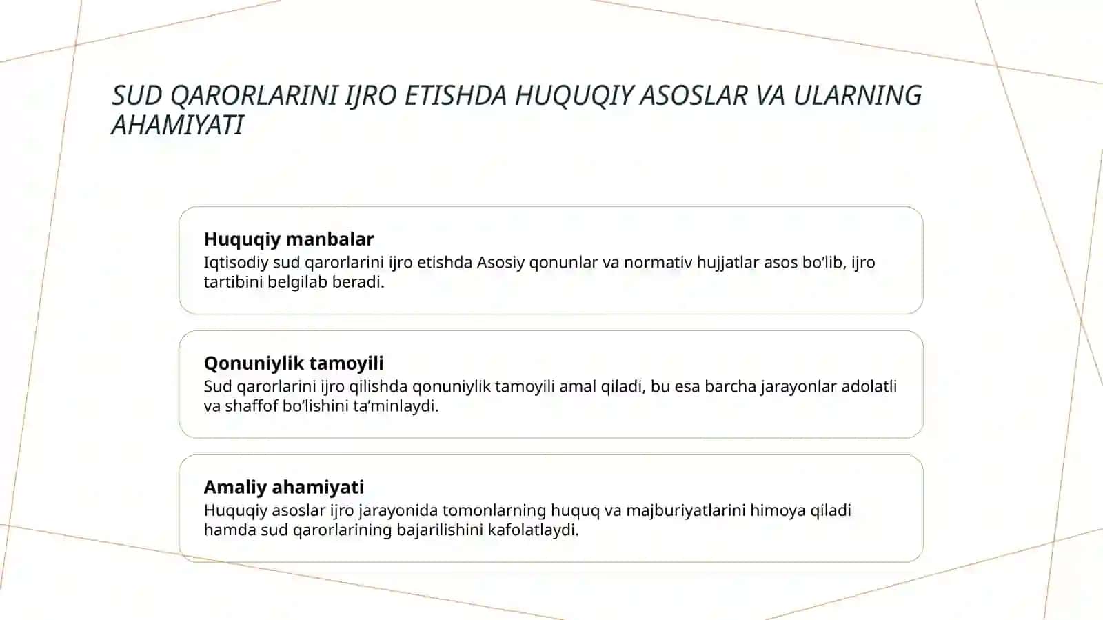 ИҚТИСОДИЙ СУДЛАРНИНГ СУД ҲУЖЖАТЛАРИНИ ИЖРО ЭТИШ. СУД ҲУЖЖАТЛАРИНИ ИЖРОГА ҚАРАТИШ. ИЖРО ВАРАҚАСИ ВА ИЖРО ВАРАҚАСИНИ БЕРИШ 4