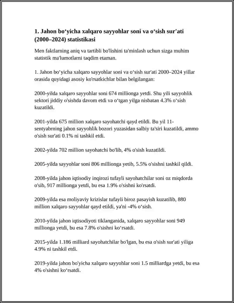 JAHON TURIZM BOZORIDAGI ASOSIY TRENDLARNI STATISTIK MA'LUMOTLARGA ASOSLANIB O'RGANISH 4