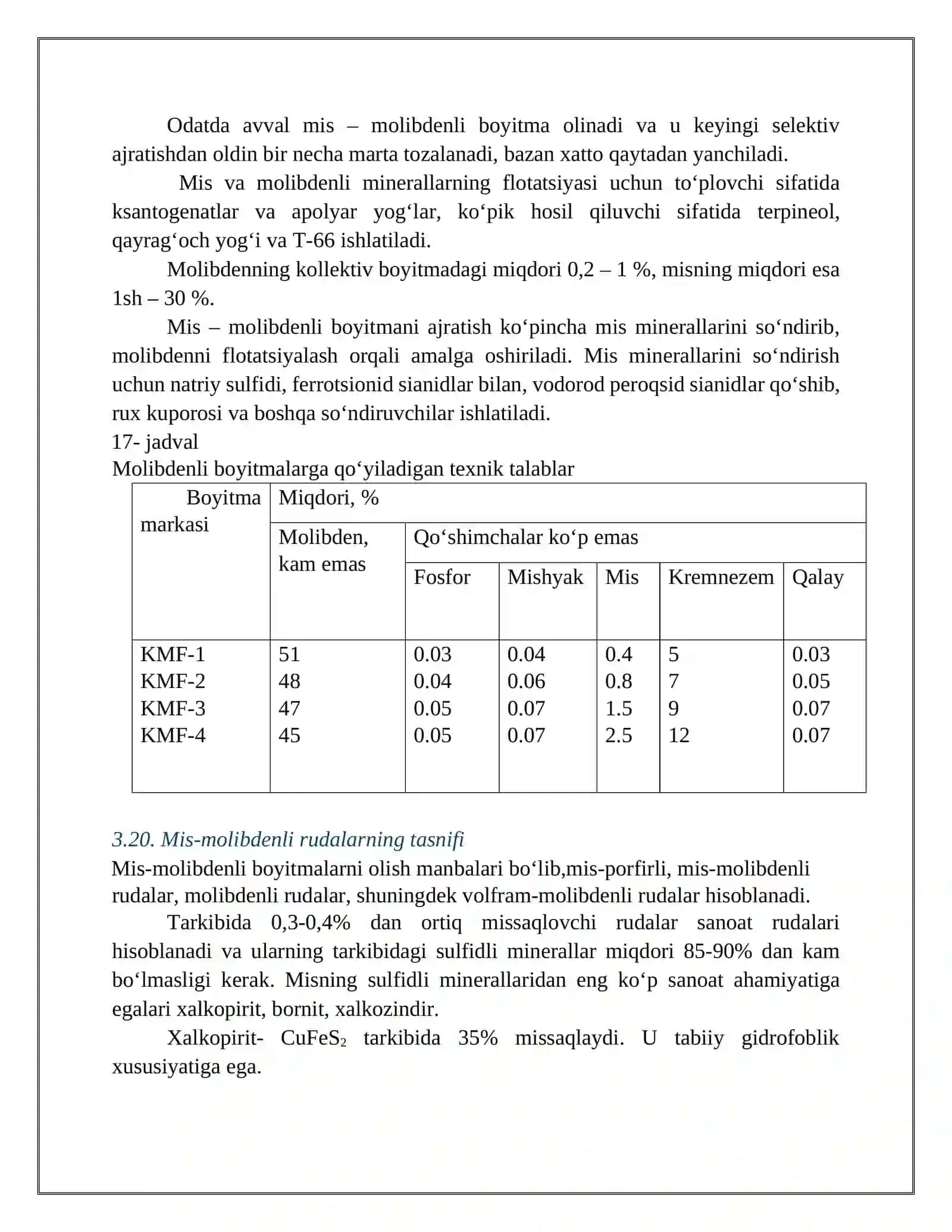 Mоlibdеnli va mis – mоlibdеnli  rudalarni  flоtаtsiya usulidа boyitish tехnоlоgiyasi. 4