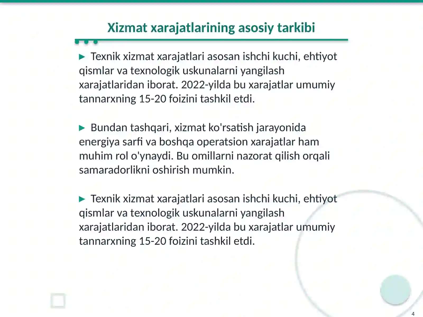 Energetik korxonalarda texnik xizmat xarajatlarini tannarxga ta’siri 4