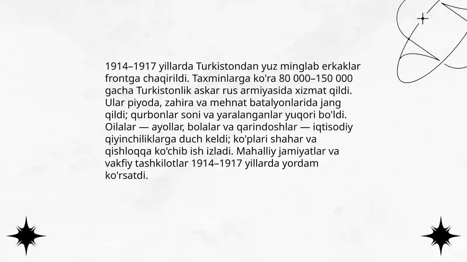 Turkiston 20 asr boshlarida (1900-1917-yillar)1-jahon urishi yillarida Normengliyev Samandar 123-guruh 4