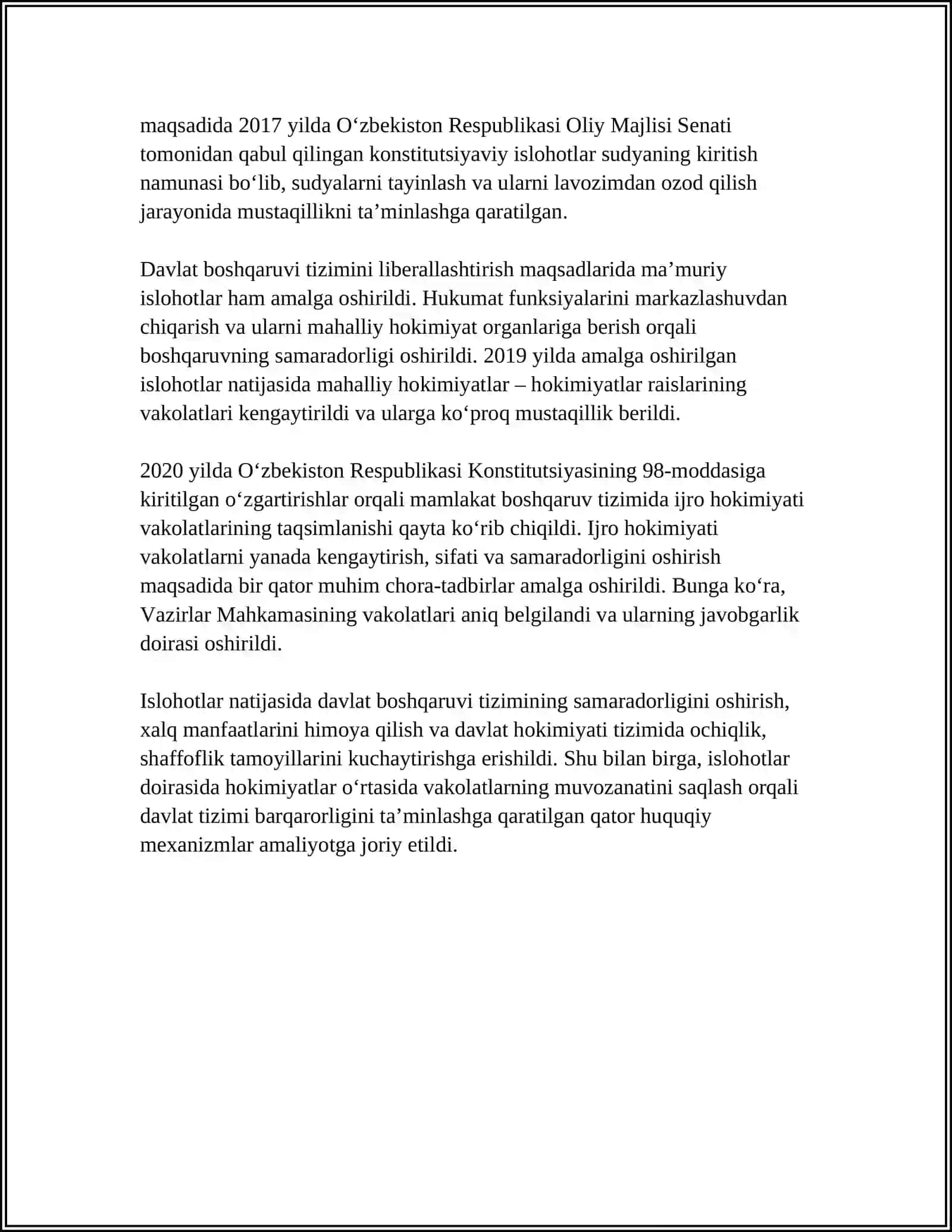 MUSTAQILIK YILLARDA DAVLAT BOSHQARUVI TIZIMIDA AMALGA OSHIRILGAB ISLOHATLAR 4