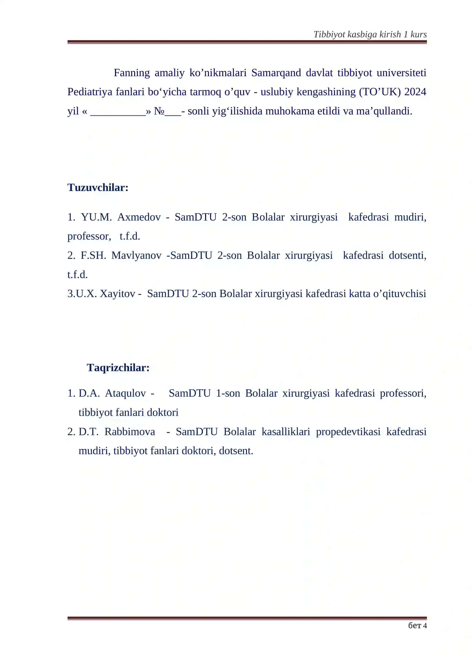 Tibbiyot kasbiga kirish 1 kurs 4