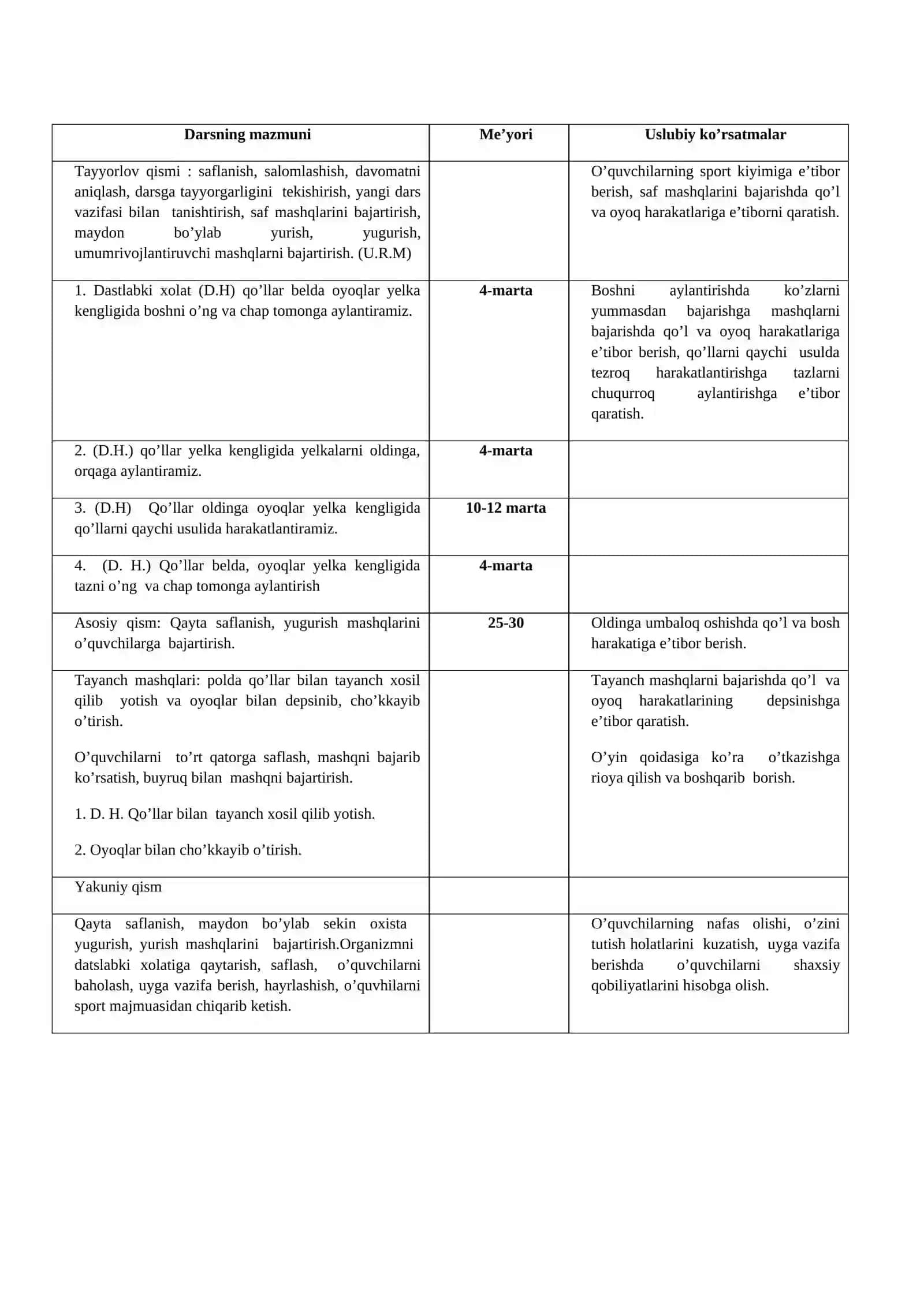 8-sinf Jismoniy tarbiya fanidan mavzuiy-taqvimiy rejalashtirish 4