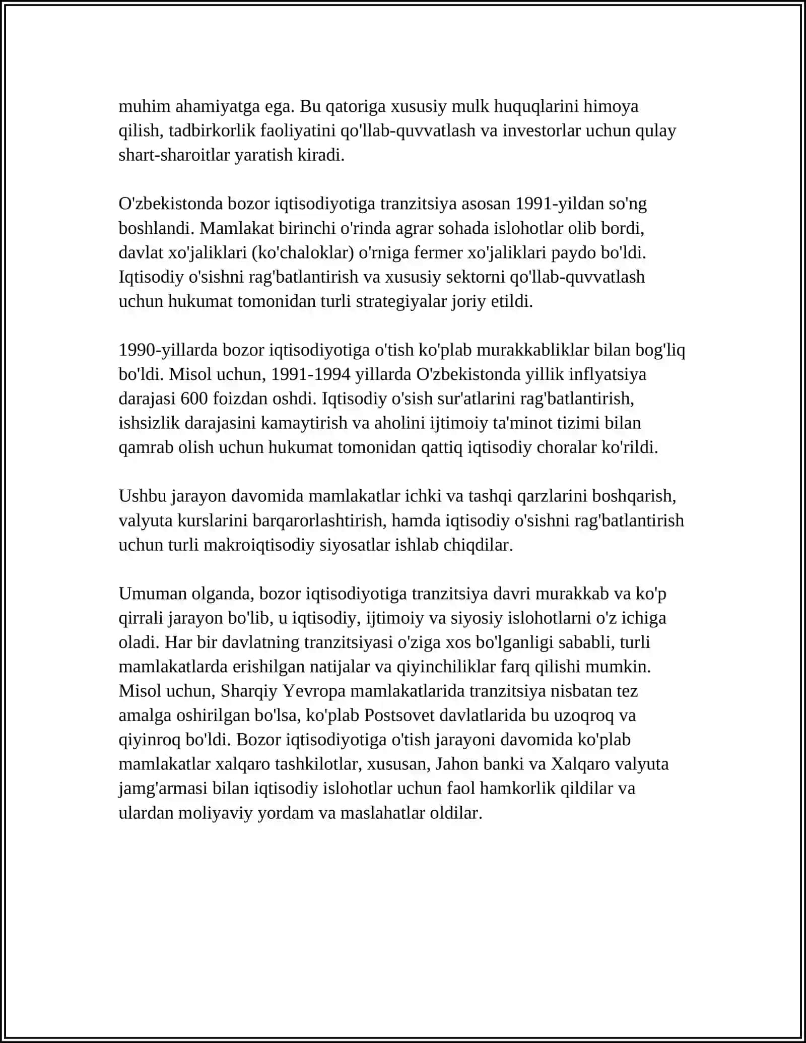 BOZOR IQTISODIYOTIGA O'TISH DAVRI VA O'ZBEKISTONDAGI XISUSIYATLARI O'TISH YO'LLARI 4