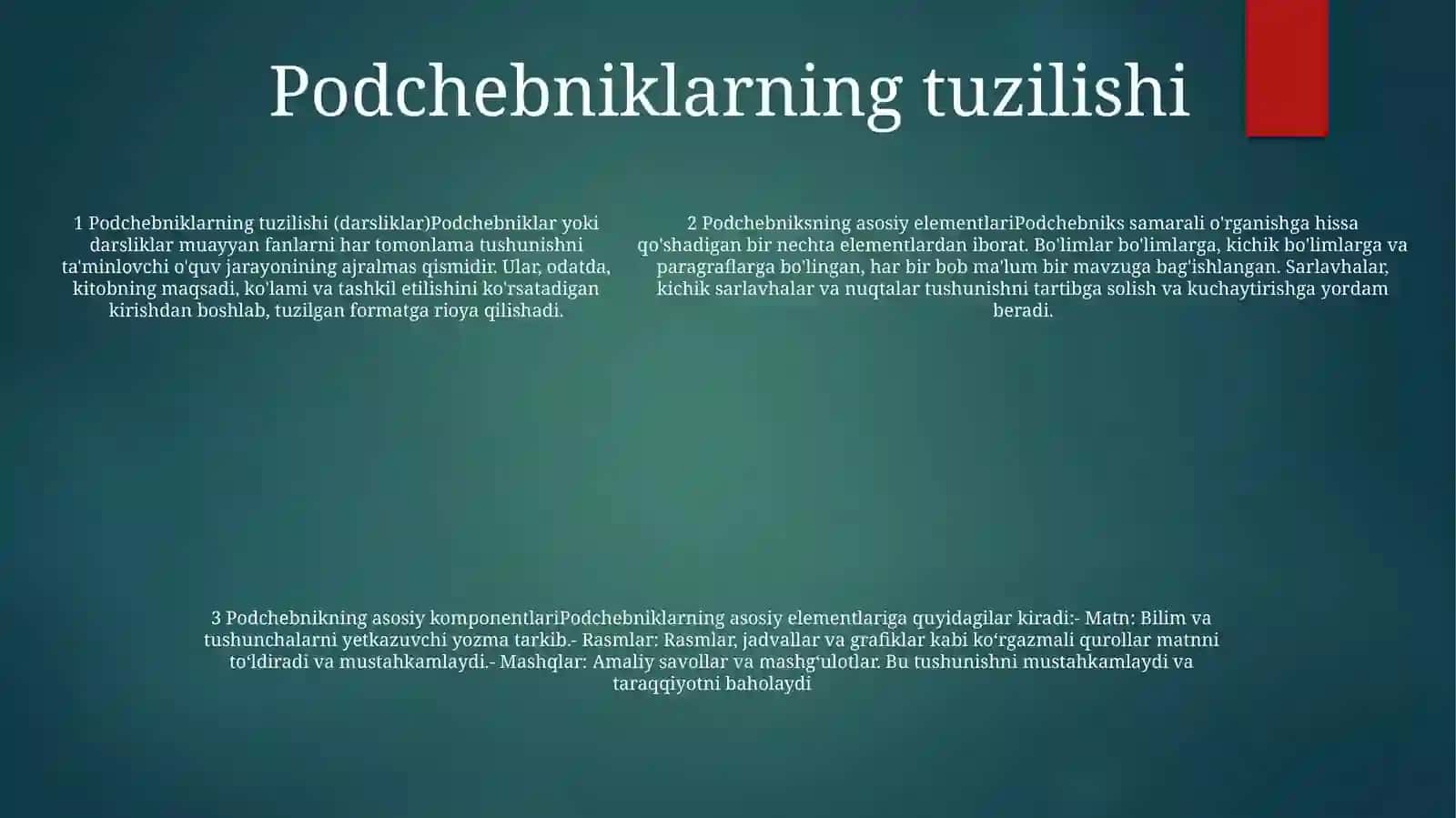 Uzatmalarning Asosiy Detal Va Uzellari. Podchebniklar 4
