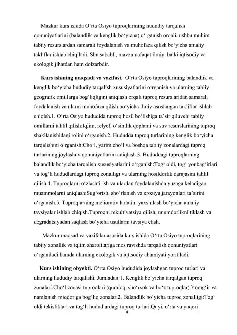 O’rta Osiyo tuproqlarining hududiy tarqalish xususiyatlari (balandlik va kenglik bo’yicha).Kurs ishi 4