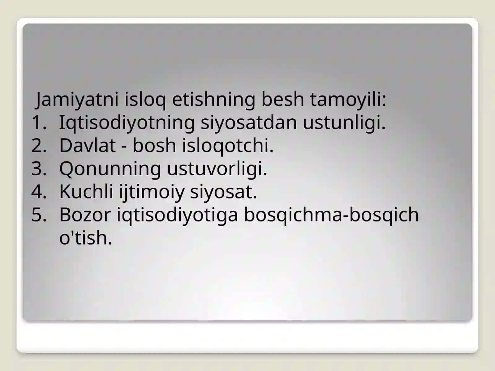 O'zbekiston respublikasi taraqqiyoti o'zbek modeli 4