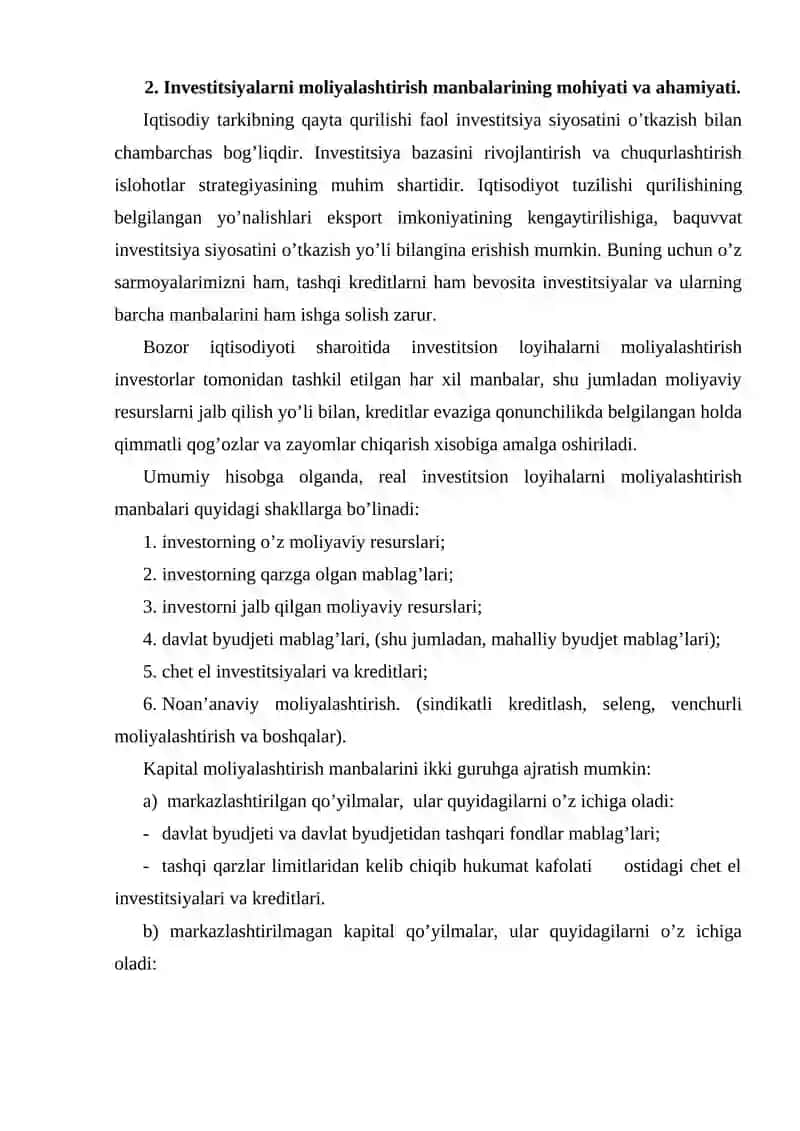 Investitsiya faoliyatini moliyalashtirish  manbalari va usullari 4