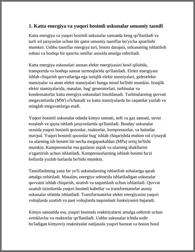 KATTA ENERGIYA VA BOSIM BILAN ISHLOVCHI USKUNA QURILMALARNING VA IDISHLARNING TURLARI VA GURUHLANISHI 4