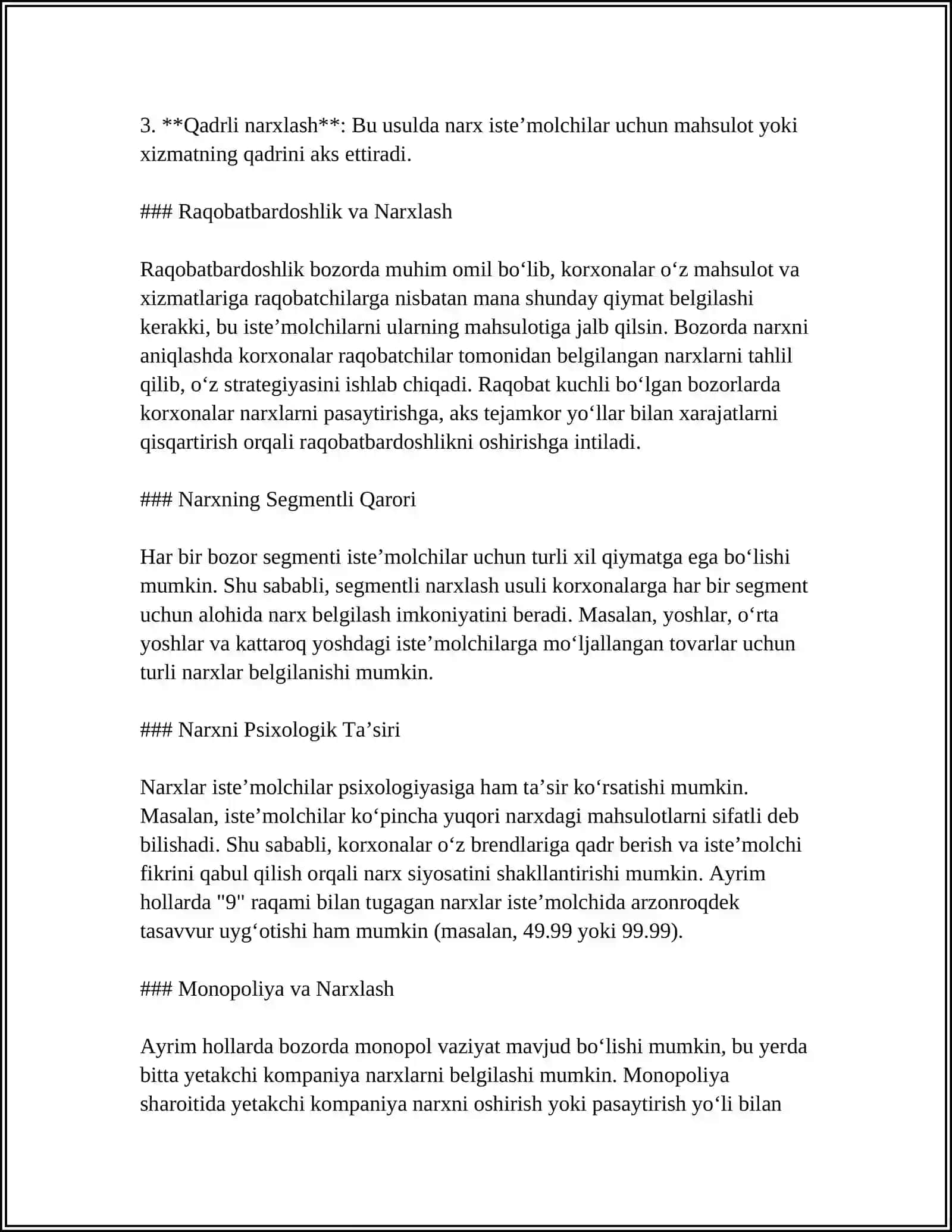 TALAB VA TAKLIF QONUNIGA KO’RA NARX BELGILASH USULLARI 4