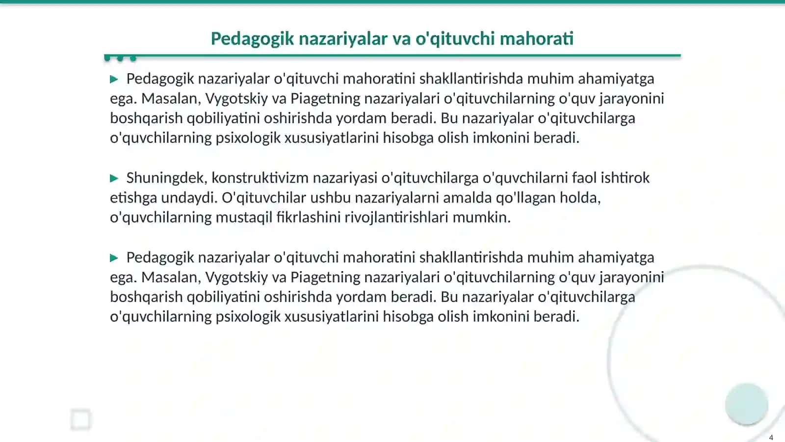 Pedagogik fikrlar taraqqiyotida o'qituvchi mahorati masalalari 4