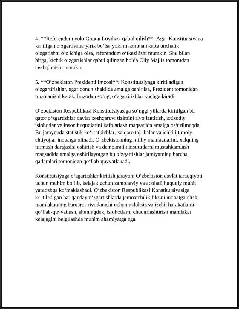 O‘zbekiston Respublikasi Konstitutsiyasiga o'zgartirish va qo’shimchalar kiritish tartibi 4