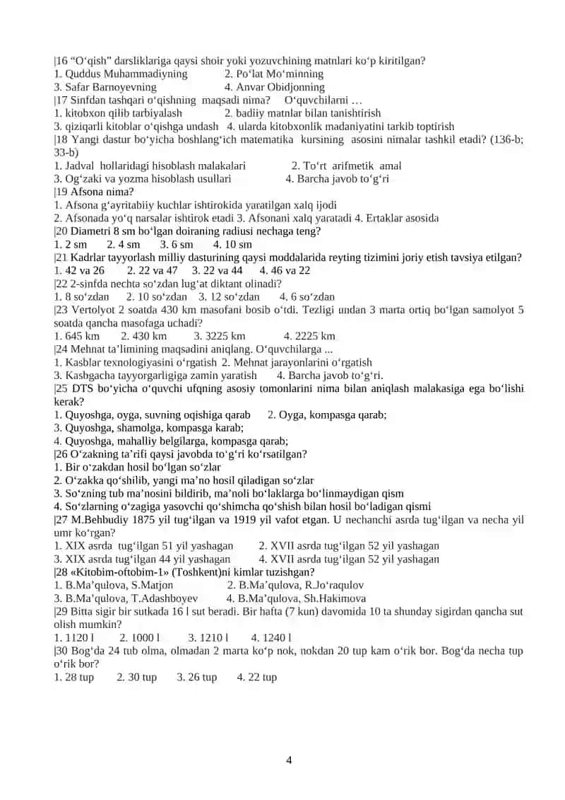 BOSHLANG‘ICH SINF O‘QITUVCHILARI UCHUN TESTLAR 4