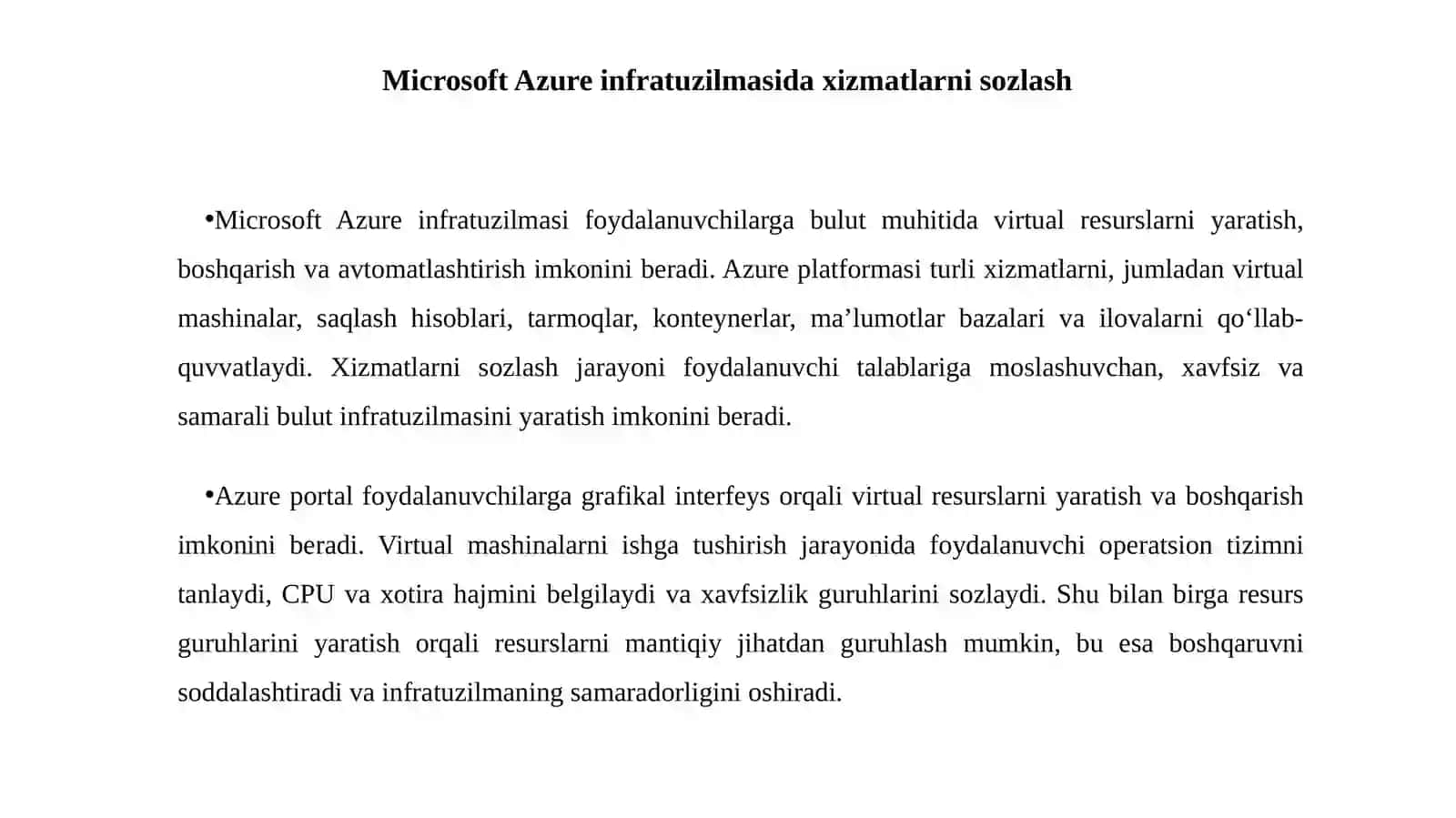 Microsoft Azure, IBM Cloud Platform Cloud tizimi infrastrukturasidagi xizmatlarni sozlash 4