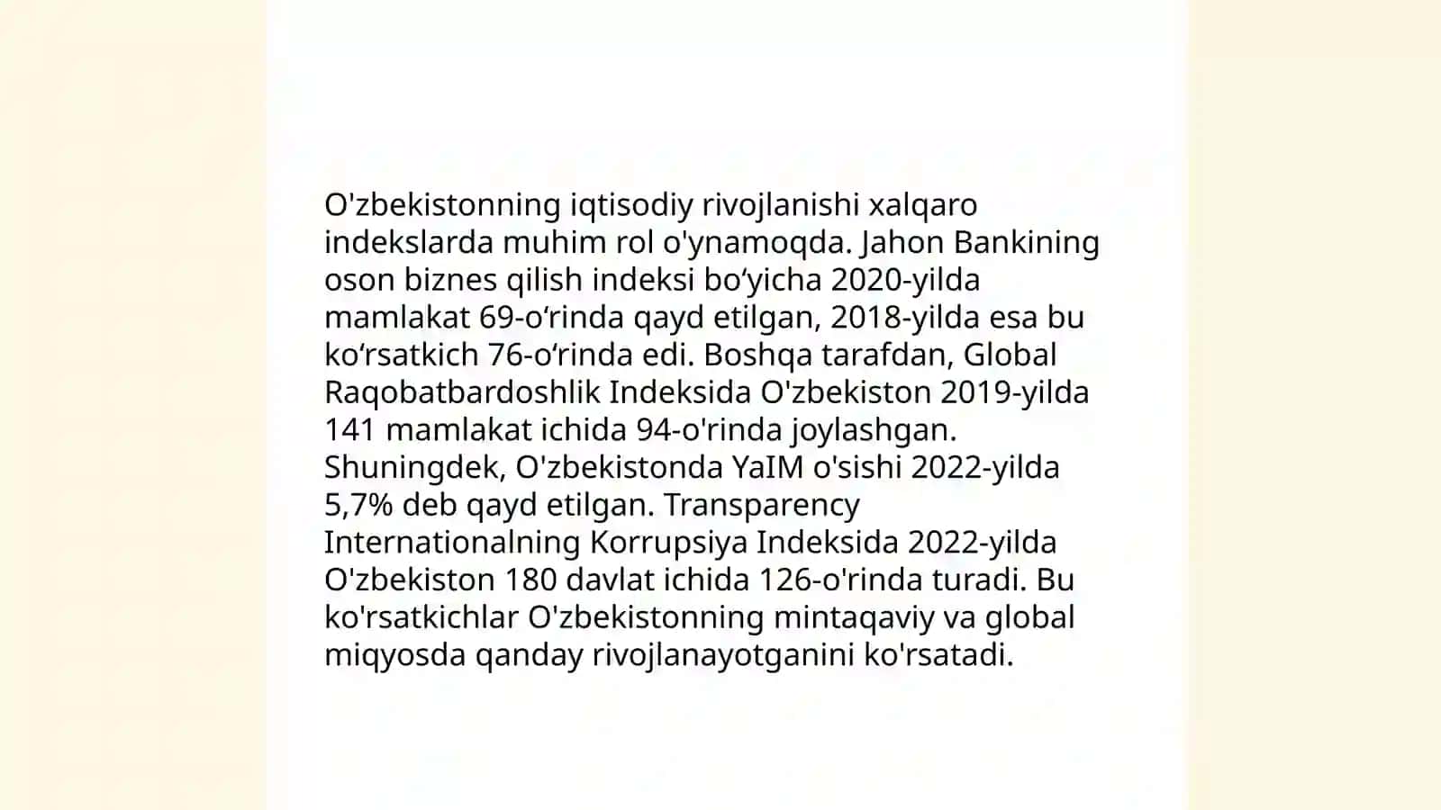 Yangi o'zbekistonning ijtimoiy-siyosiy, iqtisodiy va madaniy hayotida ro'y berayotgan o'zgarishlarning xalqaro reyting va indeksiyalarda aks etishi 4