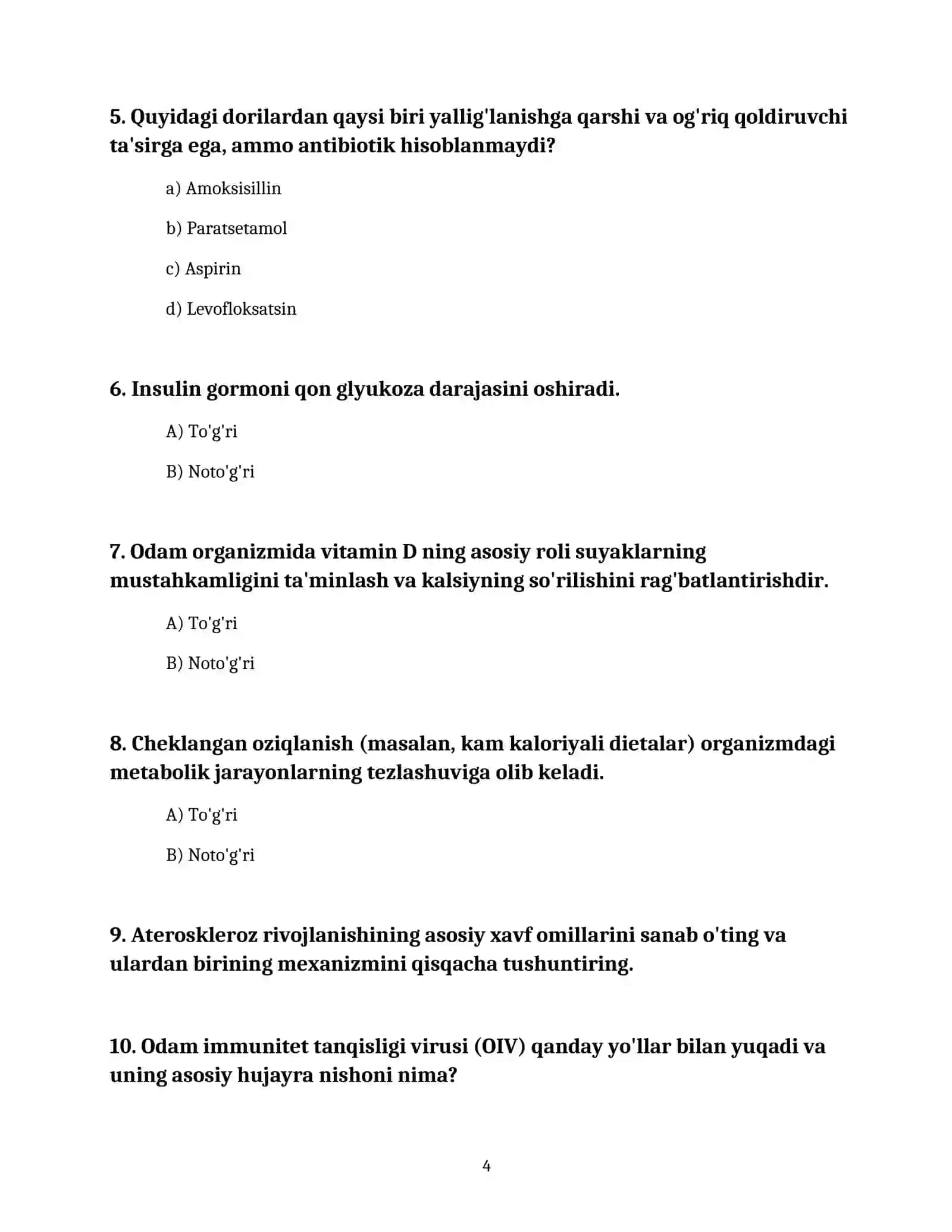 TIBBIYOTGA OID UMUMIY BILIMLAR TESTI VA SAVOL-JAVOBLAR TO'PLAMI 4