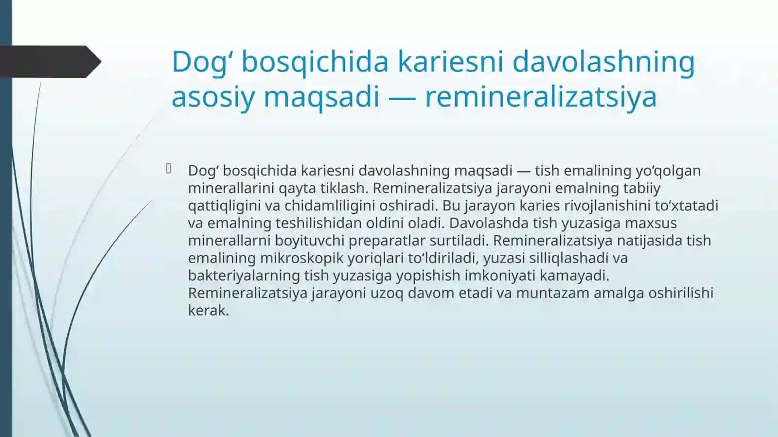 O’TKIR VA SURUNKALI DOG’ BOSQICHIDAGI KARIESNI DAVOLASH USULLARI.RETSEPTURA,KASALLIKNING OLDINI OLISH USULLARI 4