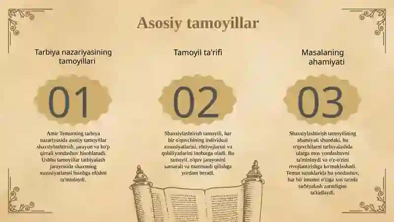Amir Temurning "Temurtuzuklari" asarida tarbiya nazariyasi 4