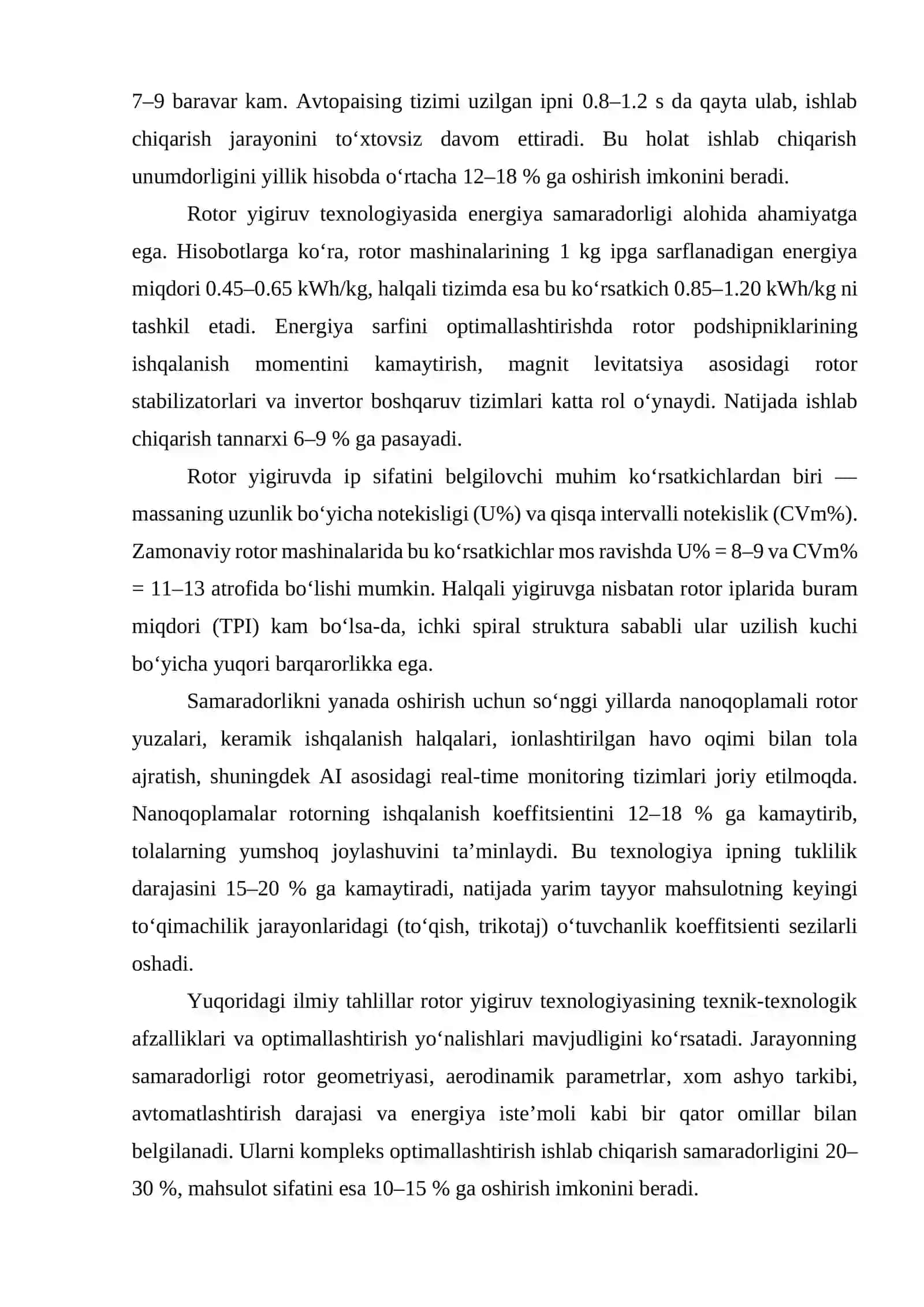 ROTOR YIGIRUV TEXNOLOGIYASI ASOSIDA IP ISHLAB CHIQARISH SAMARADORLIGINI OSHIRISH 4