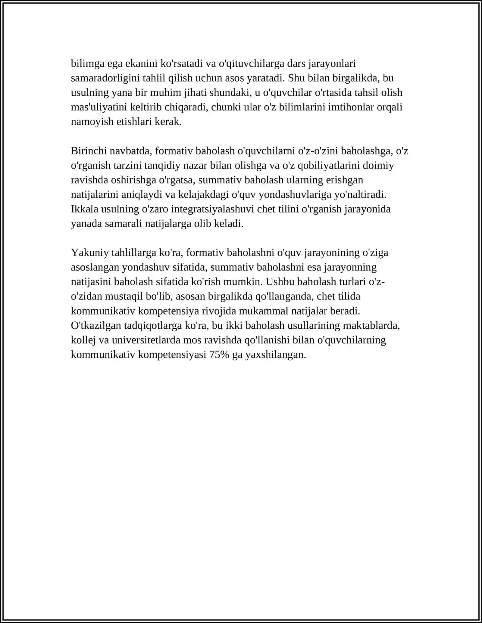 XORIJIY TIL DARSLARIDA FORMATIVE VA SUMMATIV BAHOLASH USULLARINI SAMARADORLIGINI TAQQOSLASH 4