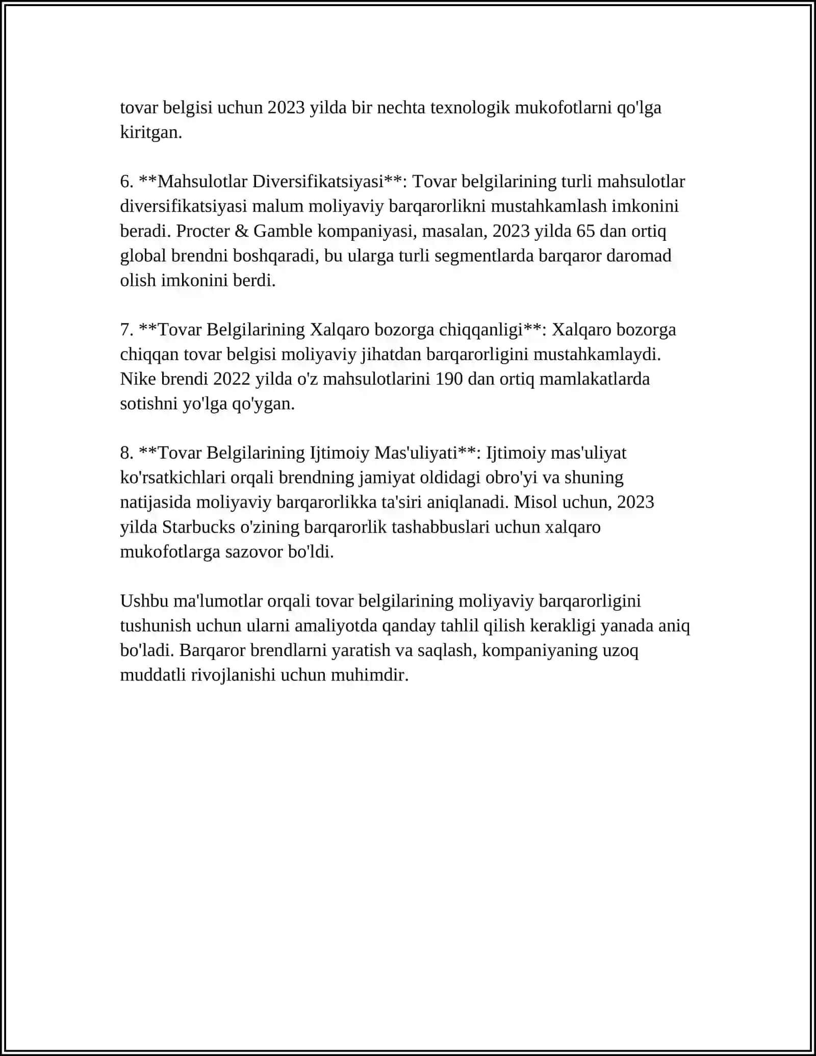 BREND FIRMALARNING MOLIYAVIY IQTISODIY RIVOJLANISH AHVOLI BO'YICHA MUSTAQIL ISHI 4