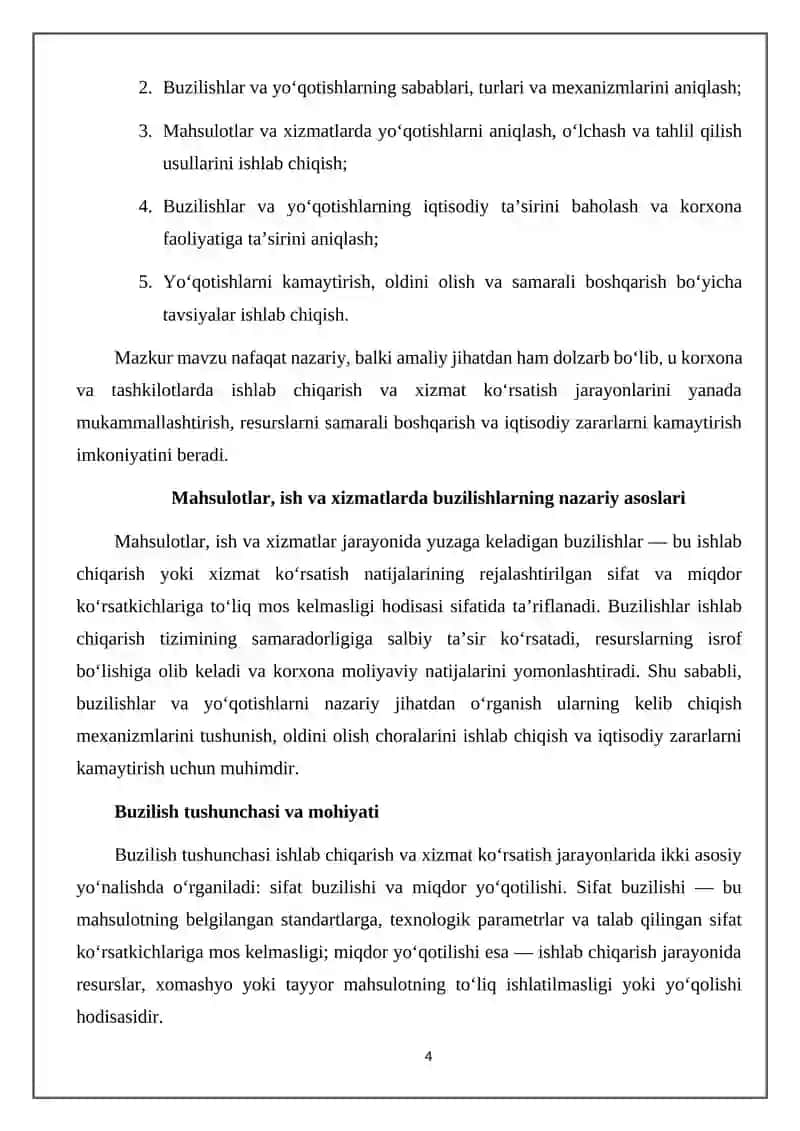 Mahsulot (Ish, Xizmat) Larning Buzilishi va Yo'qotishlar Tahlili 4